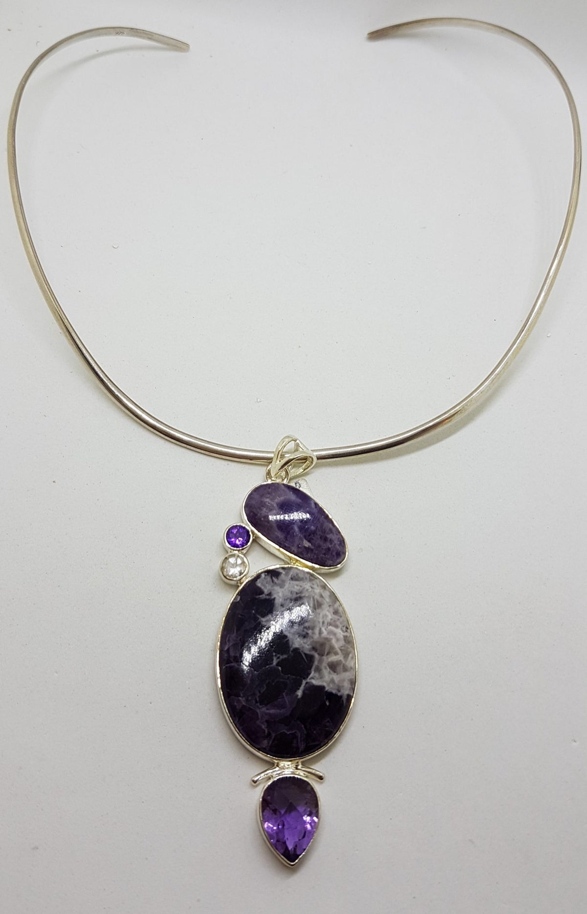 Sterling Silver Large Amethyst and Clear Crystal Quartz Pendant on Silver Choker / Chain /  Necklace