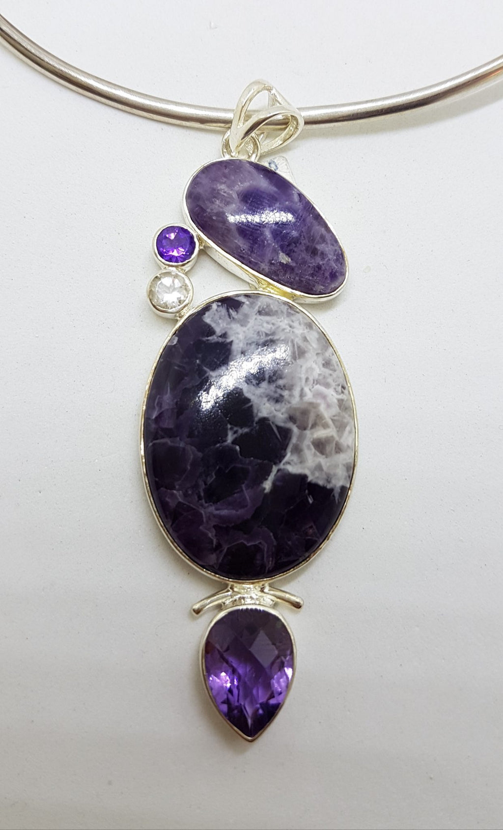 Sterling Silver Large Amethyst and Clear Crystal Quartz Pendant on Silver Choker / Chain /  Necklace
