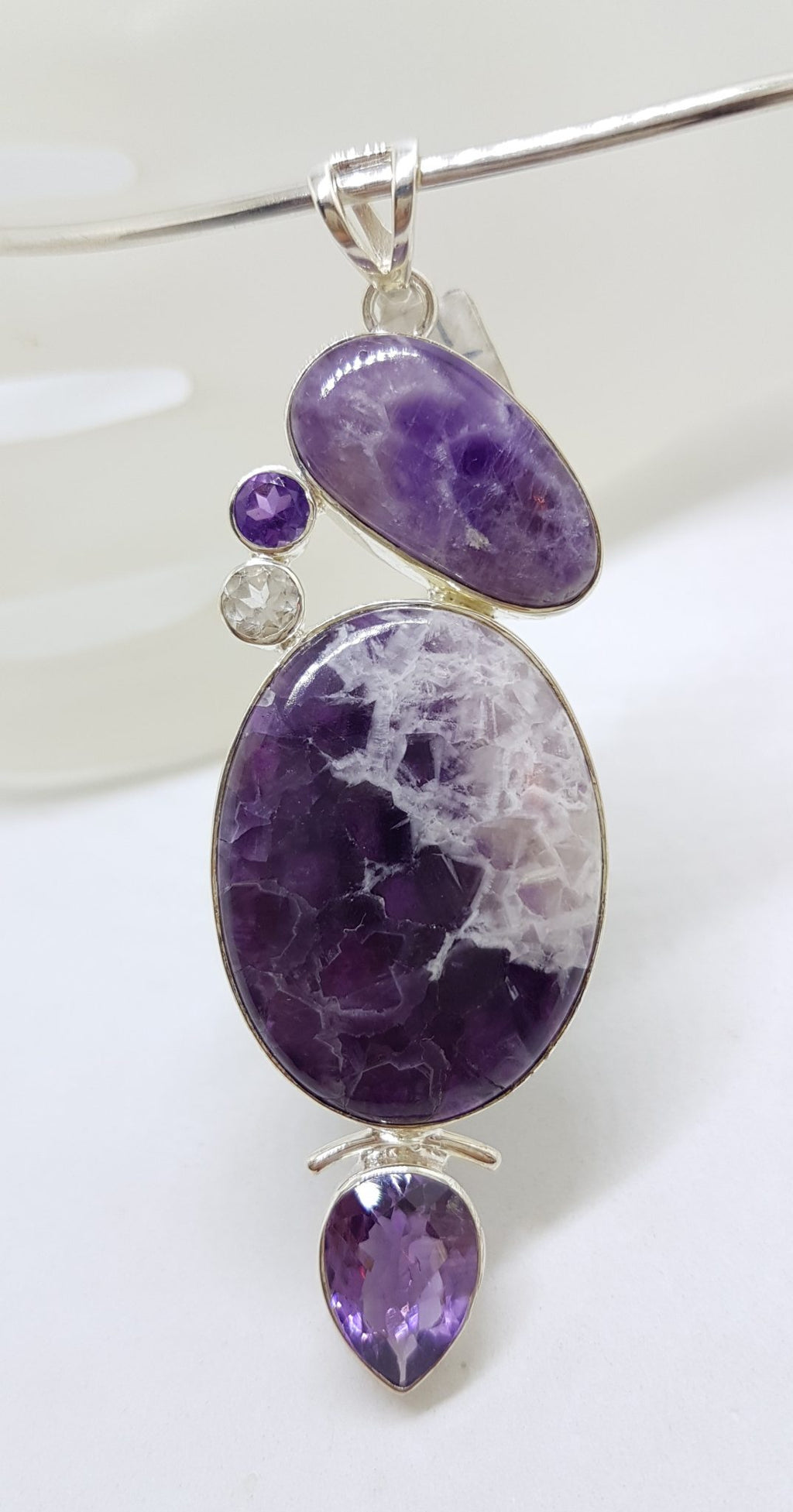 Sterling Silver Large Amethyst and Clear Crystal Quartz Pendant on Silver Choker / Chain /  Necklace