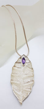 Sterling Silver Large Amethyst Leaf Pendant on Silver Chain
