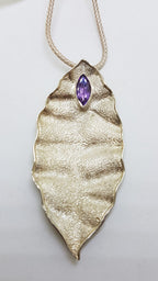 Sterling Silver Large Amethyst Leaf Pendant on Silver Chain