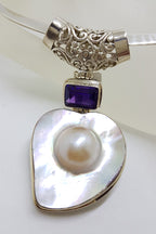 Sterling Silver Large Mabe Pearl and Amethyst Ornate Filigree Pendant on Silver Choker / Chain / Necklace