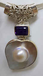 Sterling Silver Large Mabe Pearl and Amethyst Ornate Filigree Pendant on Silver Choker / Chain / Necklace