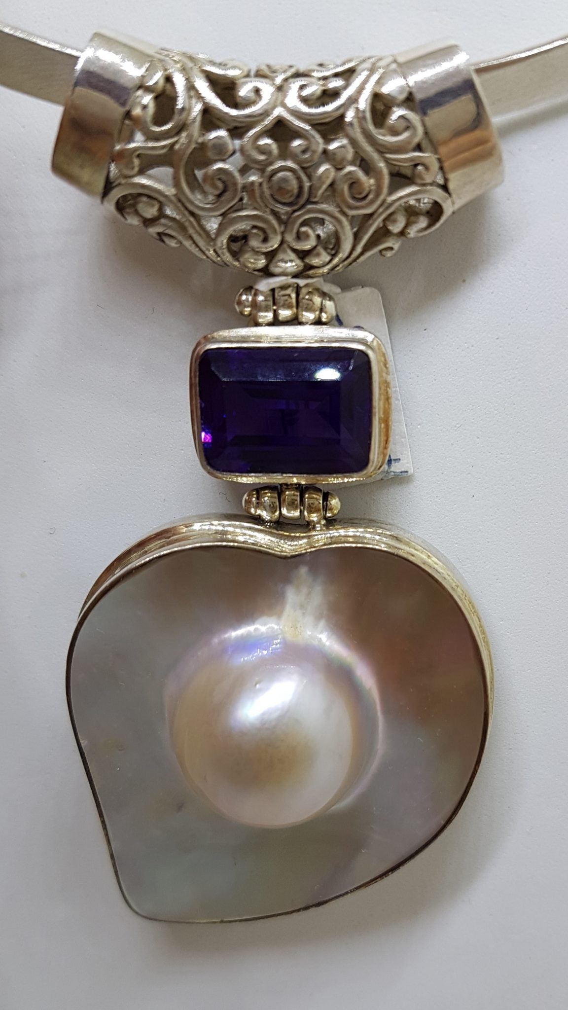 Sterling Silver Large Mabe Pearl and Amethyst Ornate Filigree Pendant on Silver Choker / Chain / Necklace