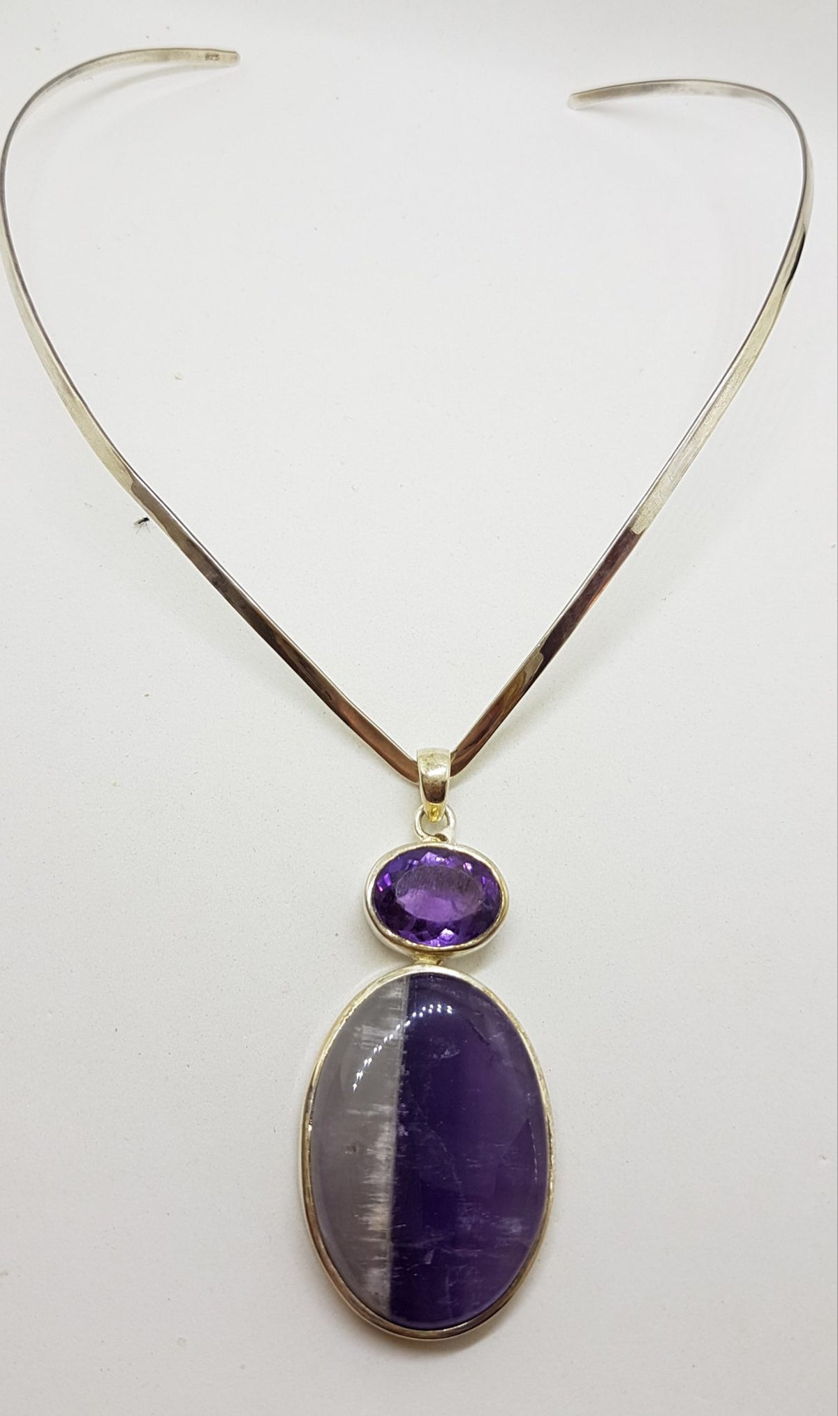 Sterling Silver Large Oval Shaped Cabochon Amethyst with Oval Faceted Amethyst Pendant on Silver Choker