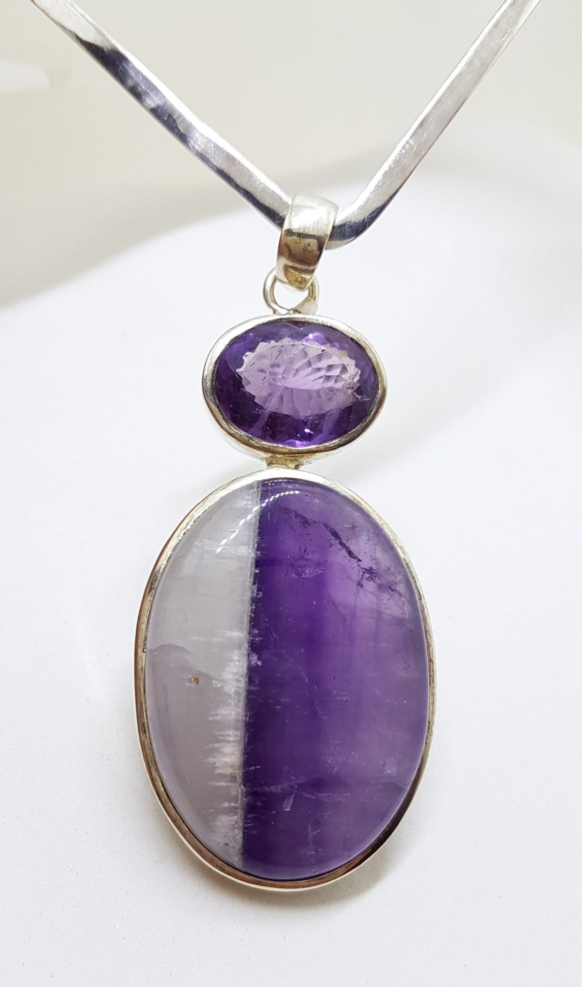 Sterling Silver Large Oval Shaped Cabochon Amethyst with Oval Faceted Amethyst Pendant on Silver Choker