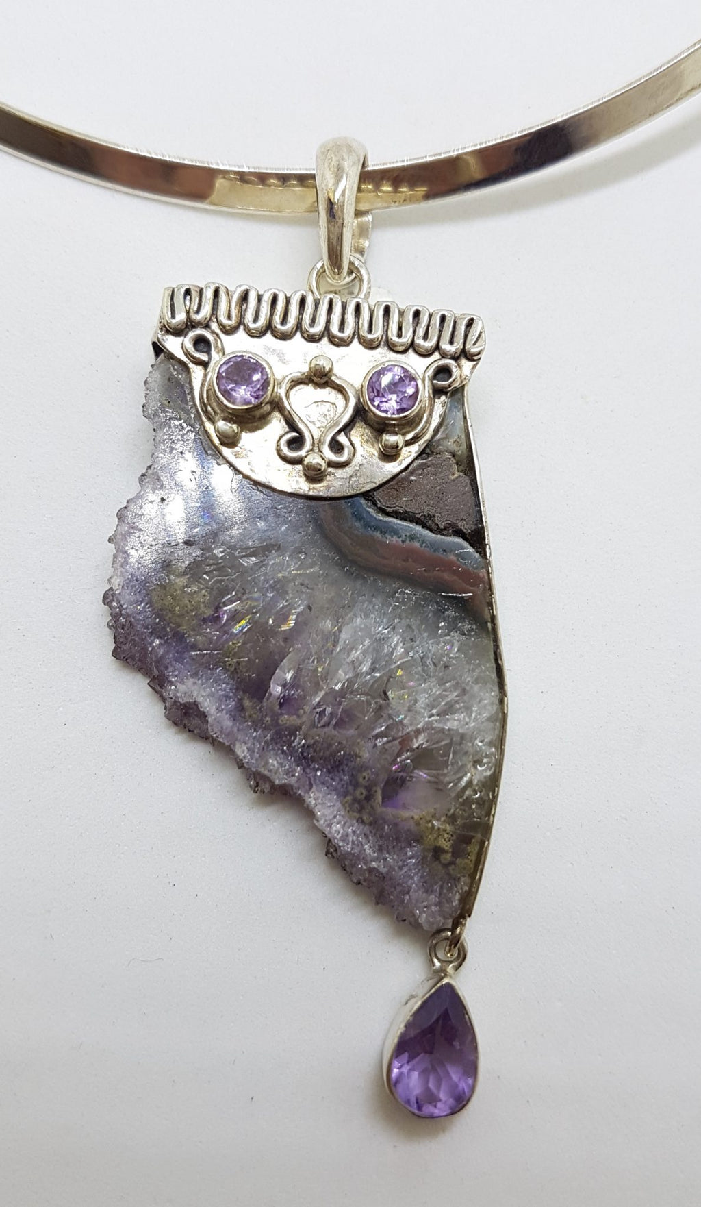 Sterling Silver Large Amethyst Slice with Faceted Amethyst Drop Ornate Pendant on Silver Choker / Chain / Necklace