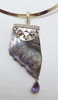 Sterling Silver Large Amethyst Slice with Faceted Amethyst Drop Ornate Pendant on Silver Choker / Chain / Necklace