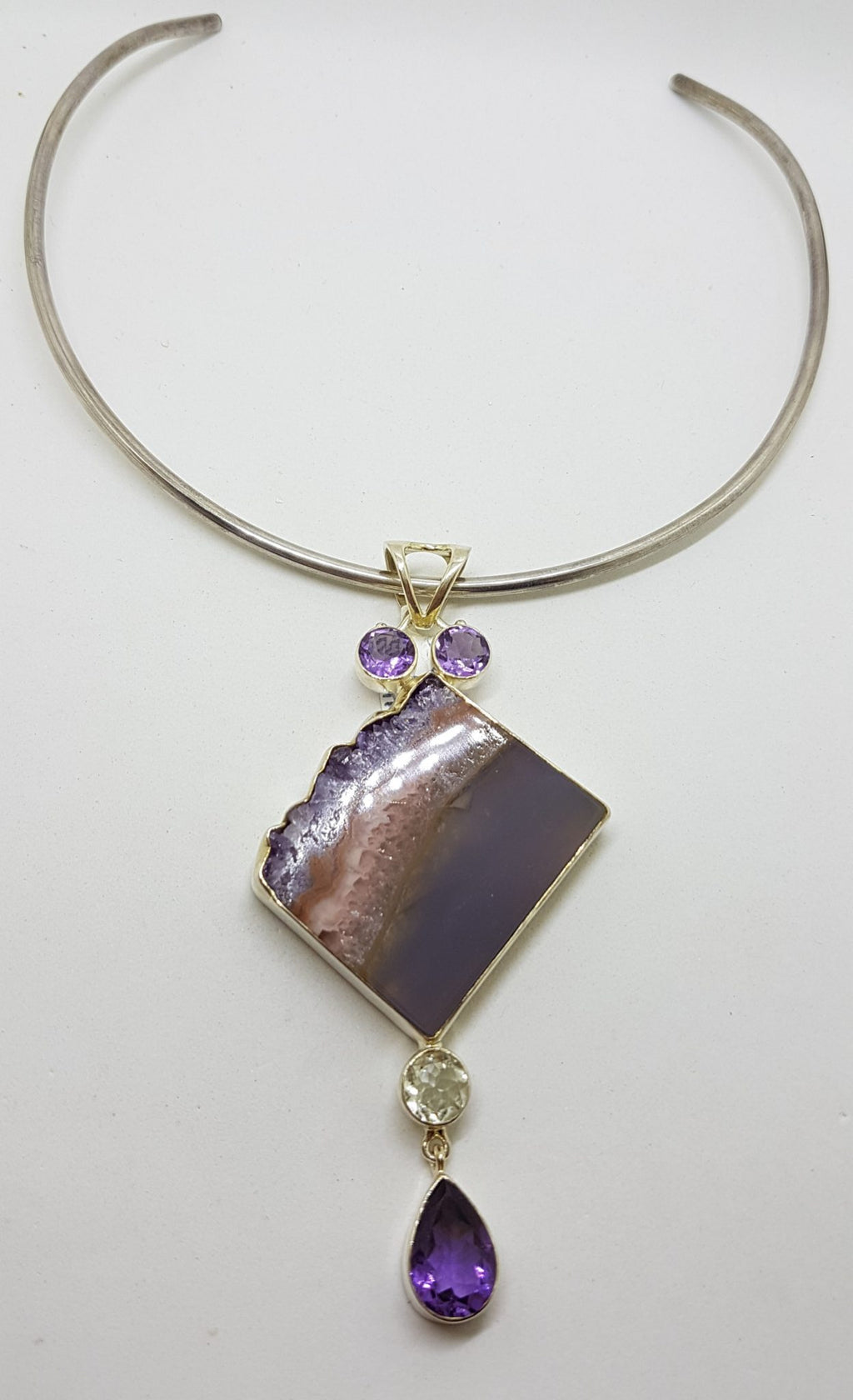 Sterling Silver Large Amethyst Crystal Slice Pendant with Clear Crystal Quartz and Amethyst on Silver Choker