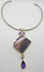Sterling Silver Large Amethyst Crystal Slice Pendant with Clear Crystal Quartz and Amethyst on Silver Choker