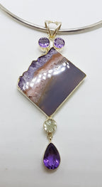 Sterling Silver Large Amethyst Crystal Slice Pendant with Clear Crystal Quartz and Amethyst on Silver Choker