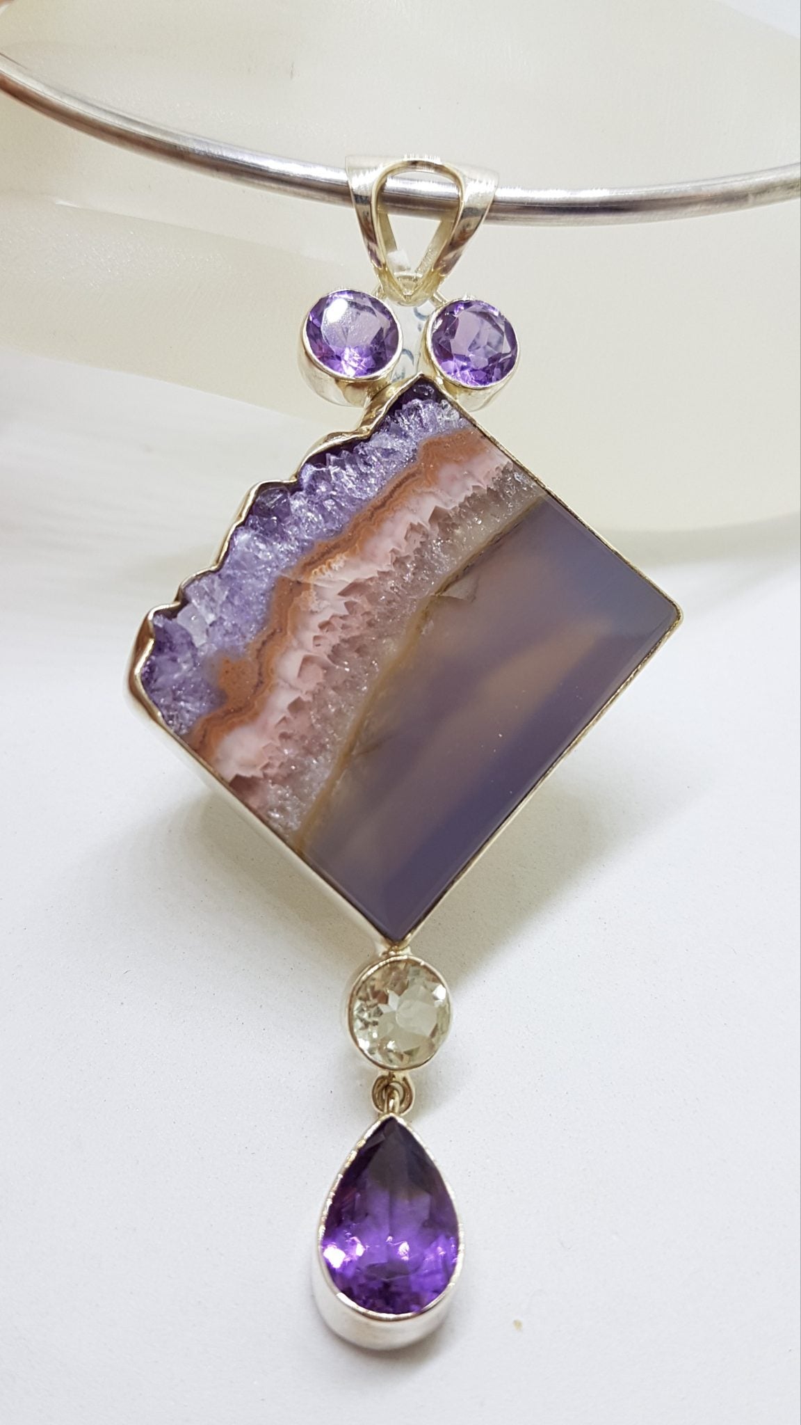 Sterling Silver Large Amethyst Crystal Slice Pendant with Clear Crystal Quartz and Amethyst on Silver Choker