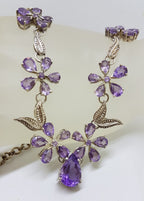 Sterling Silver Ornate Floral Amethyst Collier Necklace / Chain - Flower Motif