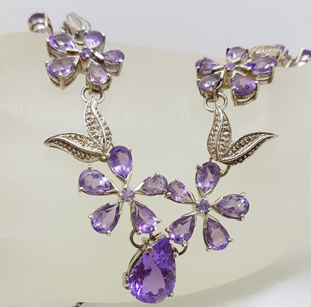 Sterling Silver Ornate Floral Amethyst Collier Necklace / Chain - Flower Motif