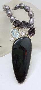 Sterling Silver Large Onyx, Meteorite, Topaz, Druzy, Pearl and Clear Quartz Pendant on Grey / Silver Pearl Necklace