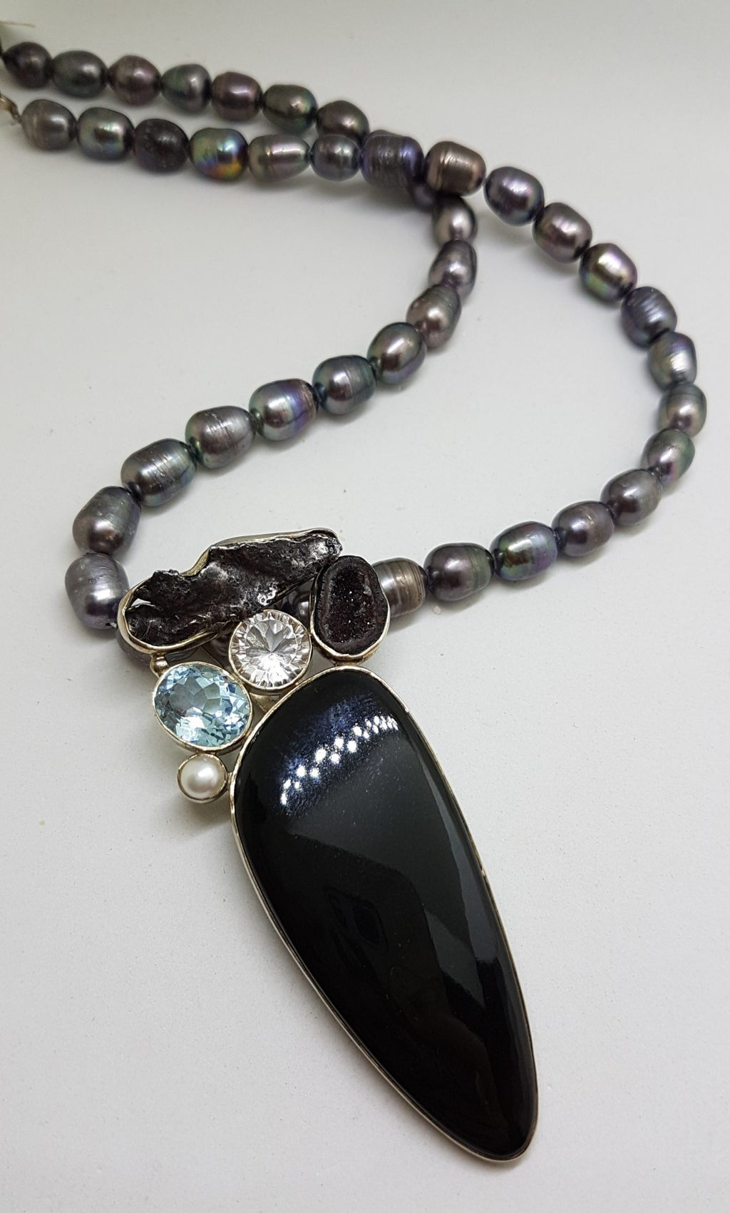 Sterling Silver Large Onyx, Meteorite, Topaz, Druzy, Pearl and Clear Quartz Pendant on Grey / Silver Pearl Necklace