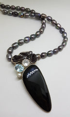 Sterling Silver Large Onyx, Meteorite, Topaz, Druzy, Pearl and Clear Quartz Pendant on Grey / Silver Pearl Necklace