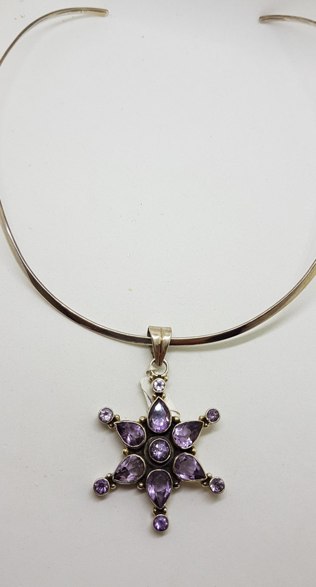 Sterling Silver Large Amethyst Star Pendant on Silver Choker Chain