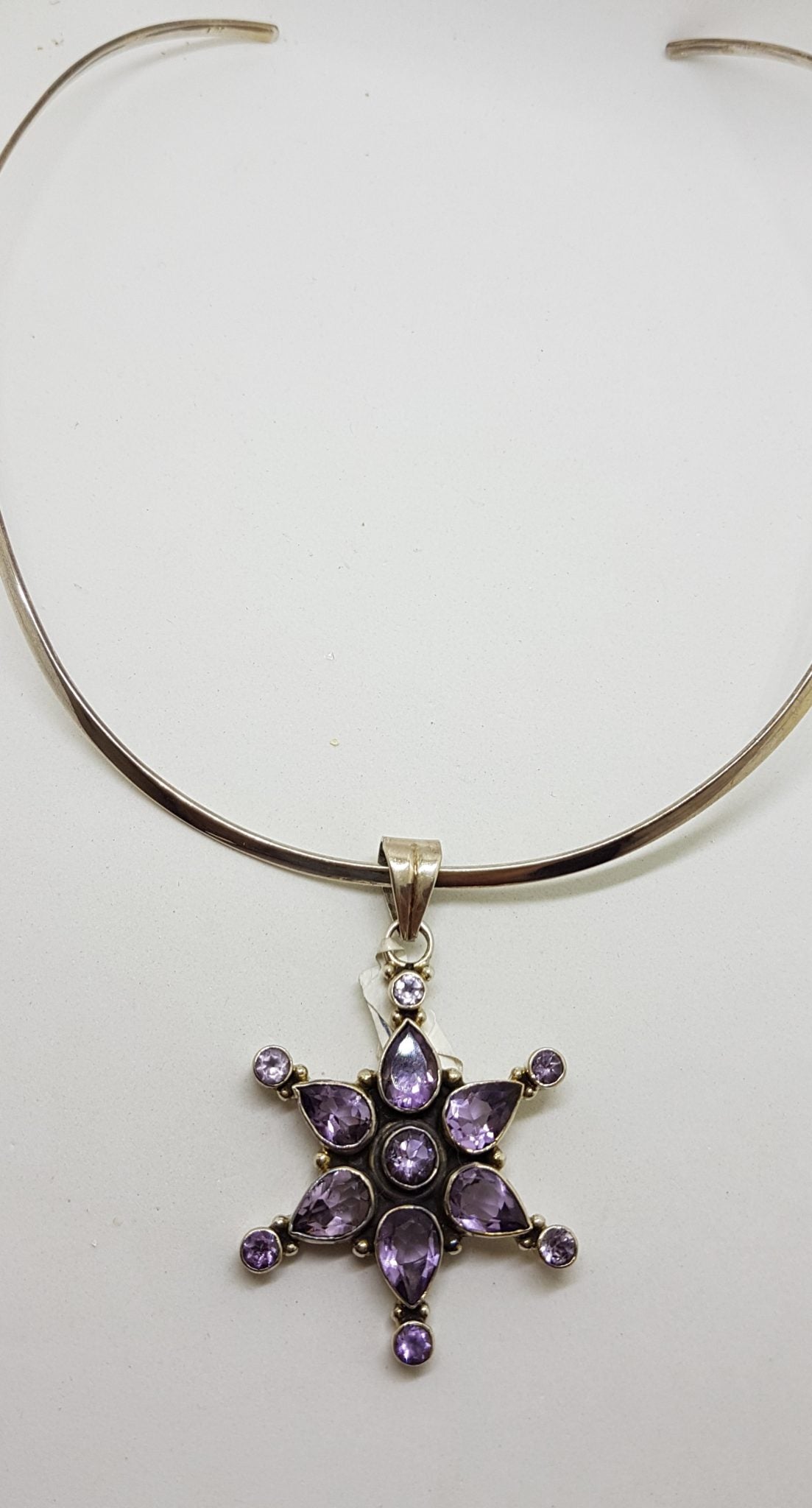 Sterling Silver Large Amethyst Star Pendant on Silver Choker Chain