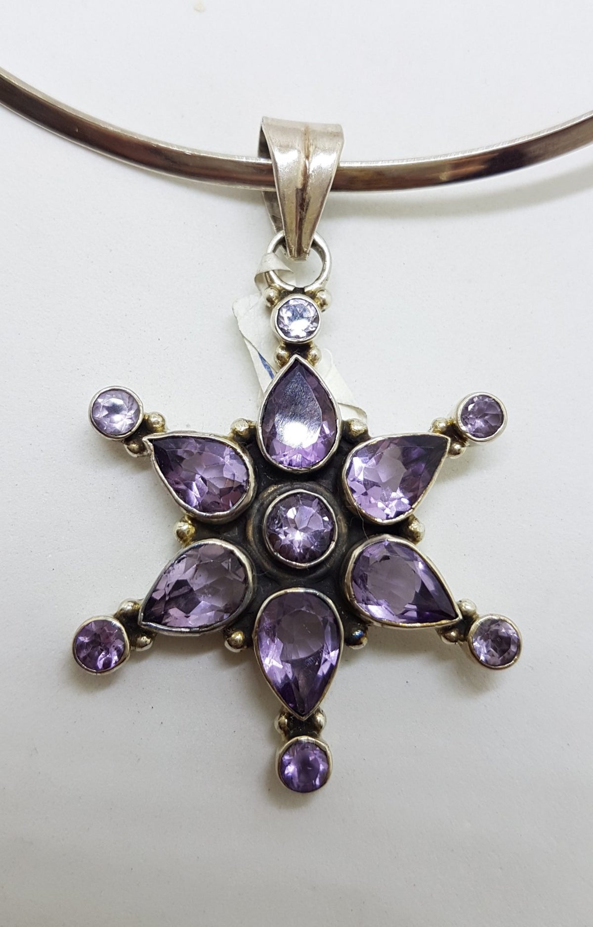 Sterling Silver Large Amethyst Star Pendant on Silver Choker Chain