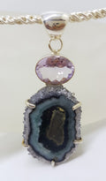 Sterling Silver Large Amethyst Slice with Oval Faceted Amethyst Pendant on Silver Chain / Necklace
