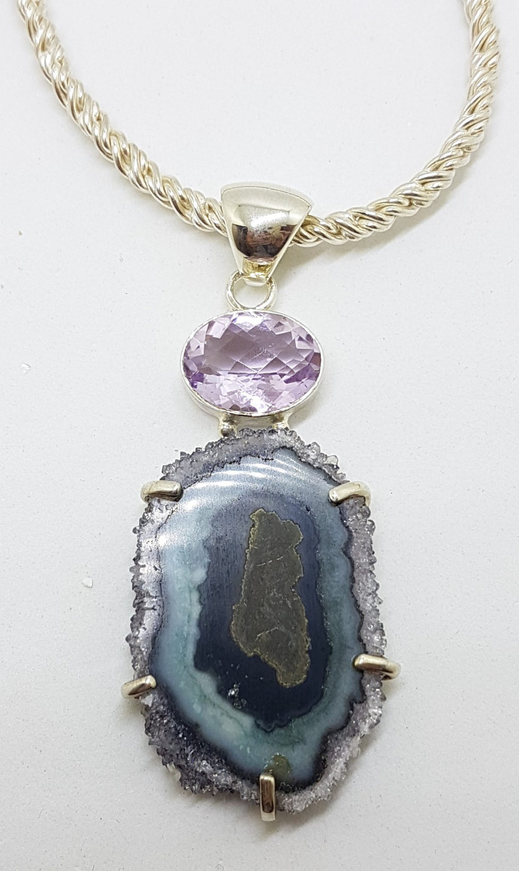 Sterling Silver Large Amethyst Slice with Oval Faceted Amethyst Pendant on Silver Chain / Necklace