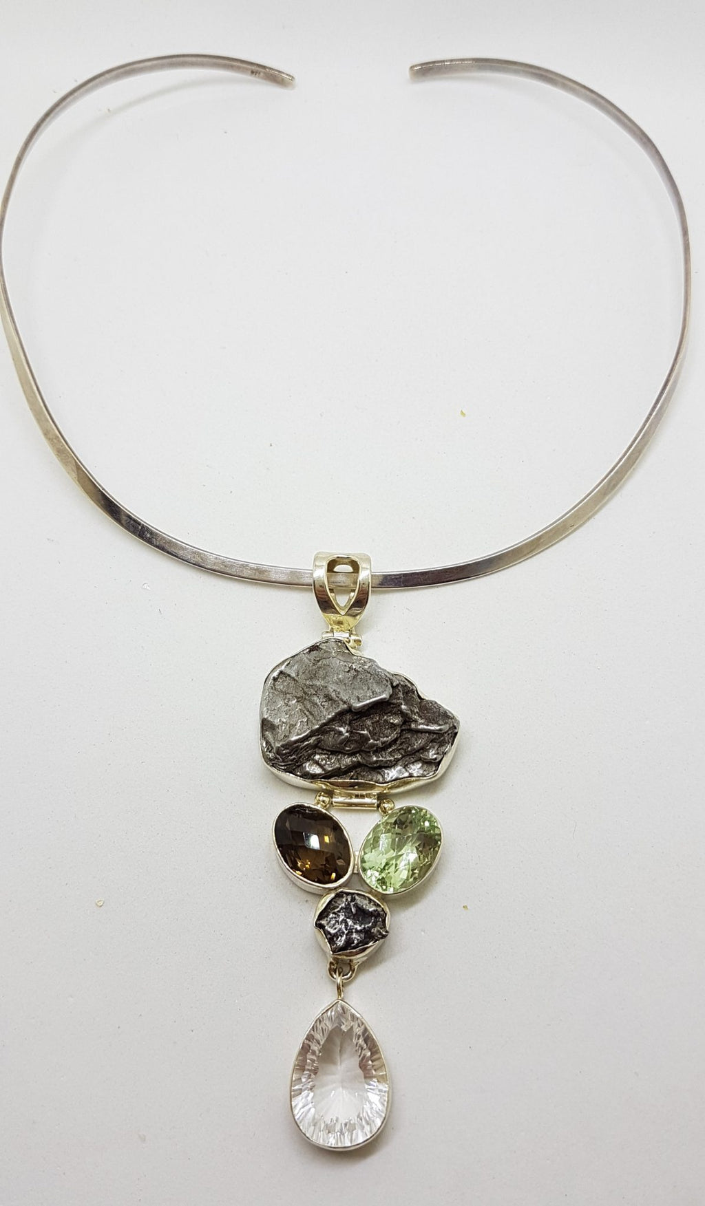 Sterling Silver Large Meteorite with Green Amethyst / Prasiolite , Smokey Quartz and Clear Crystal Quartz Long Pendant on Sterling Silver Choker