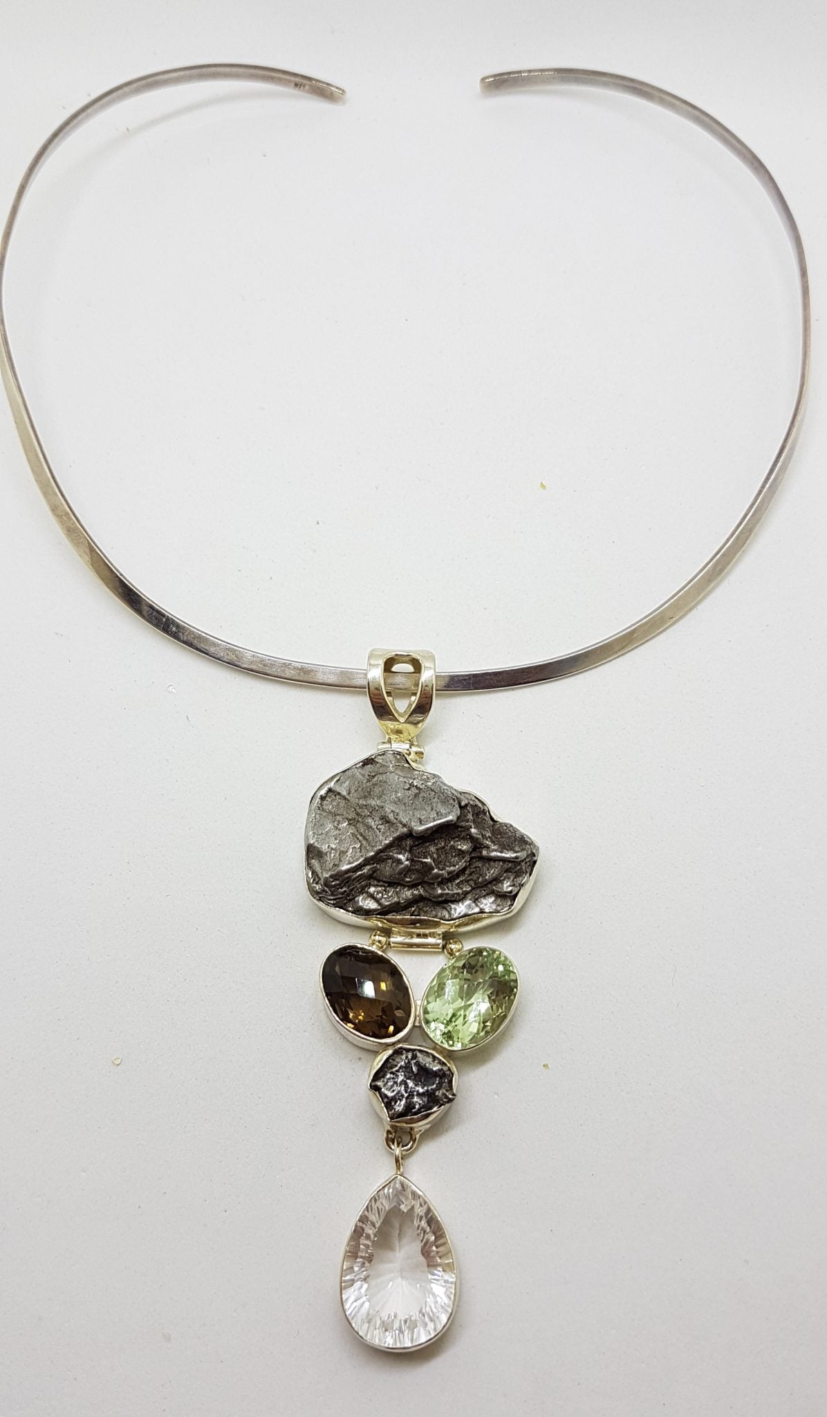 Sterling Silver Large Meteorite with Green Amethyst / Prasiolite , Smokey Quartz and Clear Crystal Quartz Long Pendant on Sterling Silver Choker