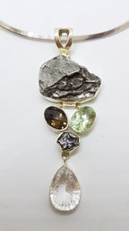 Sterling Silver Large Meteorite with Green Amethyst / Prasiolite , Smokey Quartz and Clear Crystal Quartz Long Pendant on Sterling Silver Choker