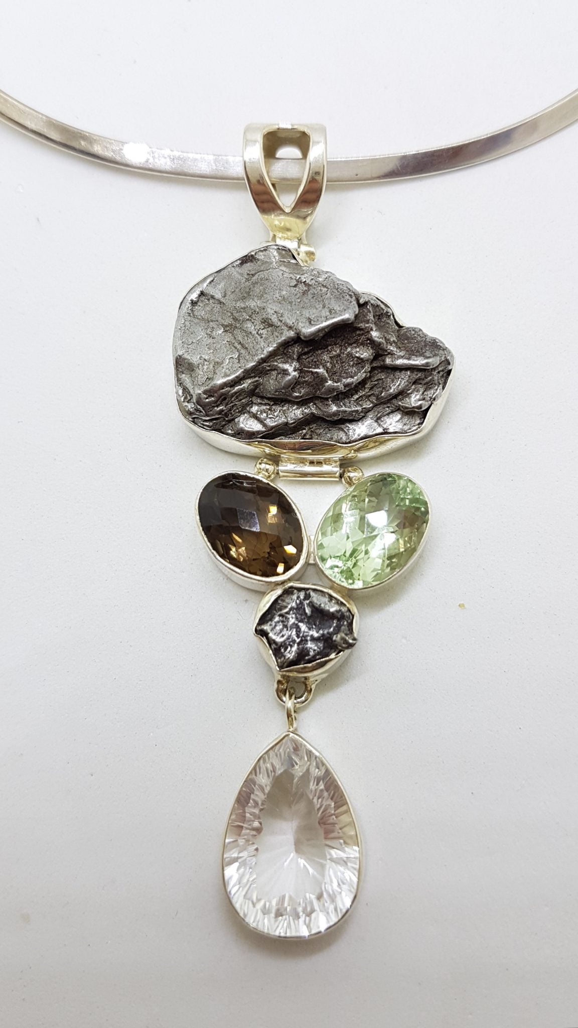 Sterling Silver Large Meteorite with Green Amethyst / Prasiolite , Smokey Quartz and Clear Crystal Quartz Long Pendant on Sterling Silver Choker