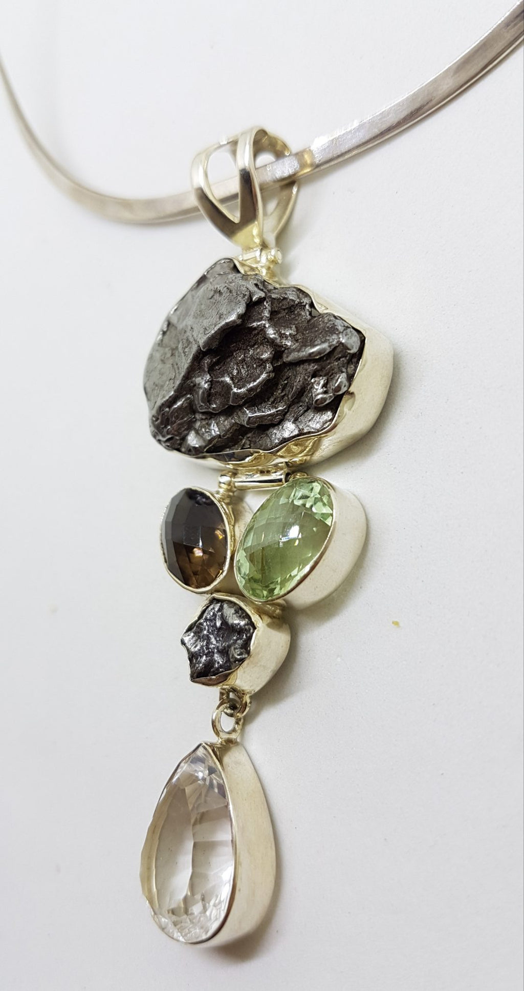 Sterling Silver Large Meteorite with Green Amethyst / Prasiolite , Smokey Quartz and Clear Crystal Quartz Long Pendant on Sterling Silver Choker