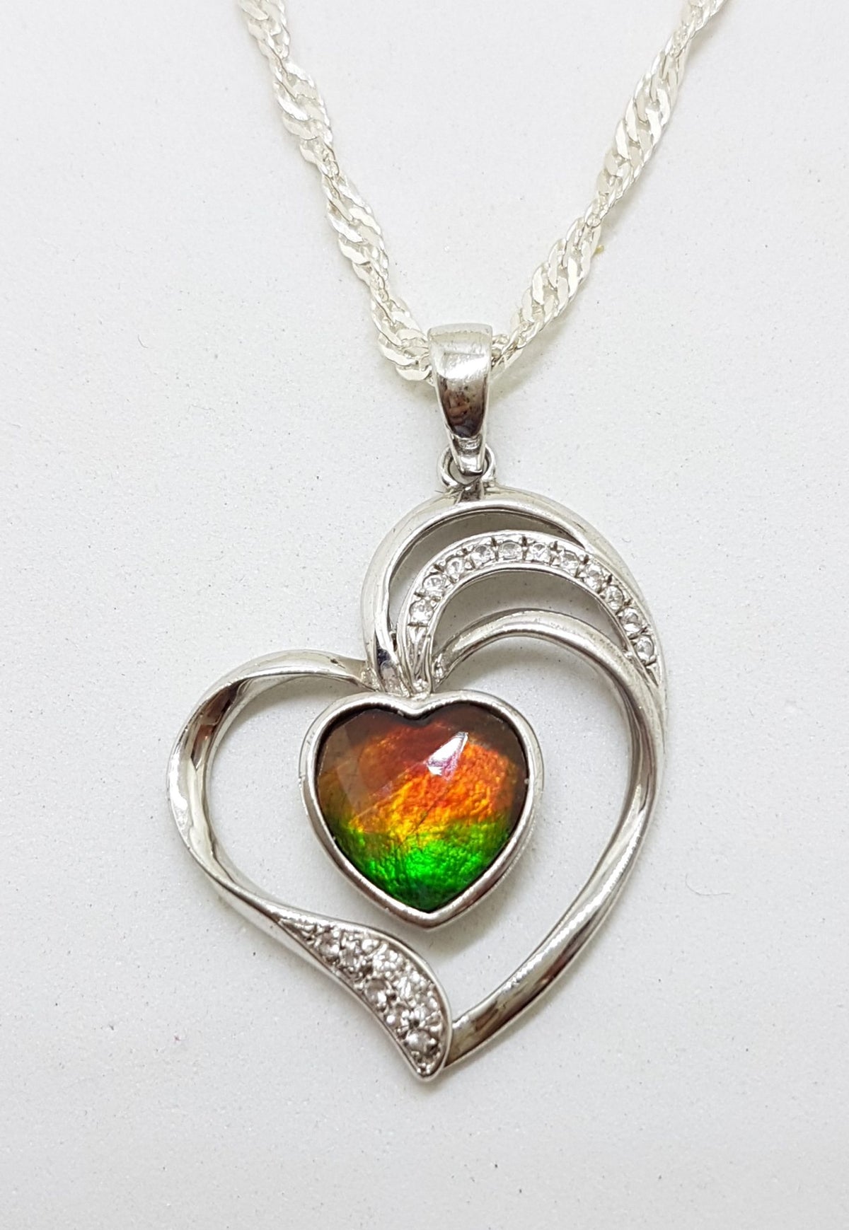Sterling Silver Ammolite and Cubic Zirconia Heart Pendant on Chain