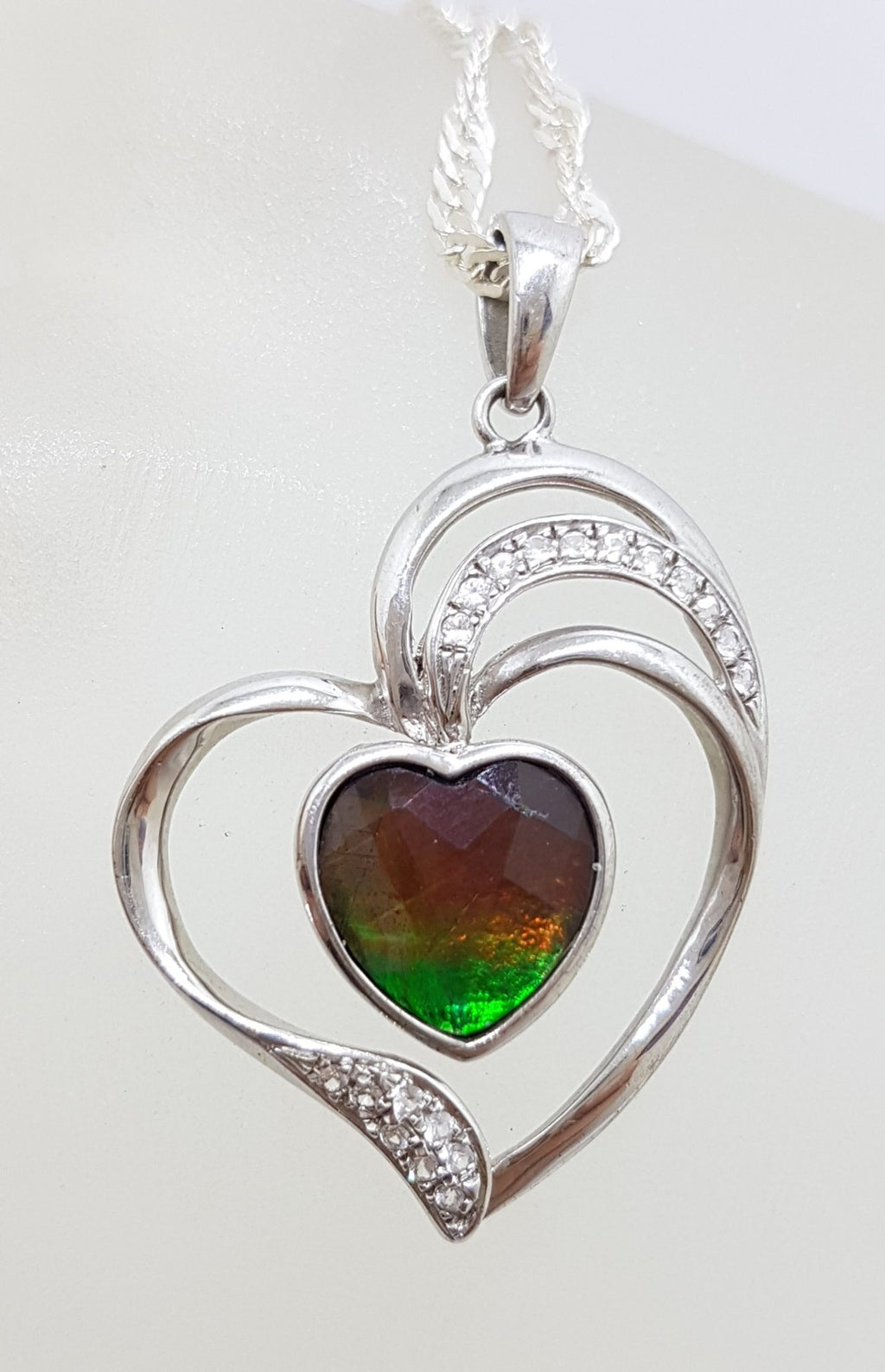 Sterling Silver Ammolite and Cubic Zirconia Heart Pendant on Chain