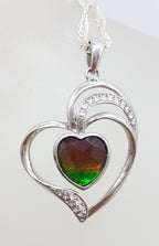 Sterling Silver Ammolite and Cubic Zirconia Heart Pendant on Chain