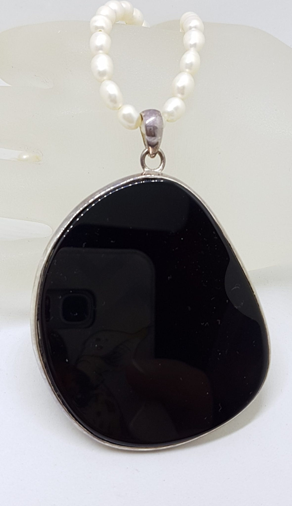 Sterling Silver Large Onyx Pendant on Pearl Necklace