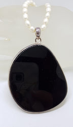 Sterling Silver Large Onyx Pendant on Pearl Necklace