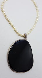 Sterling Silver Large Onyx Pendant on Pearl Necklace
