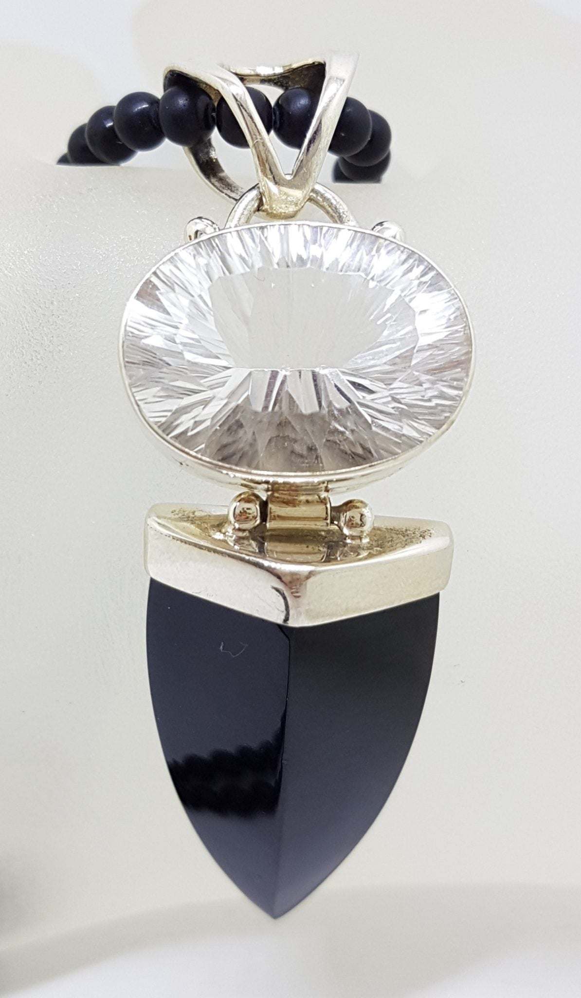 Sterling Silver Large Pointy Onyx with Oval Clear Crystal Quartz Pendant on Black Onyx Bead Chain