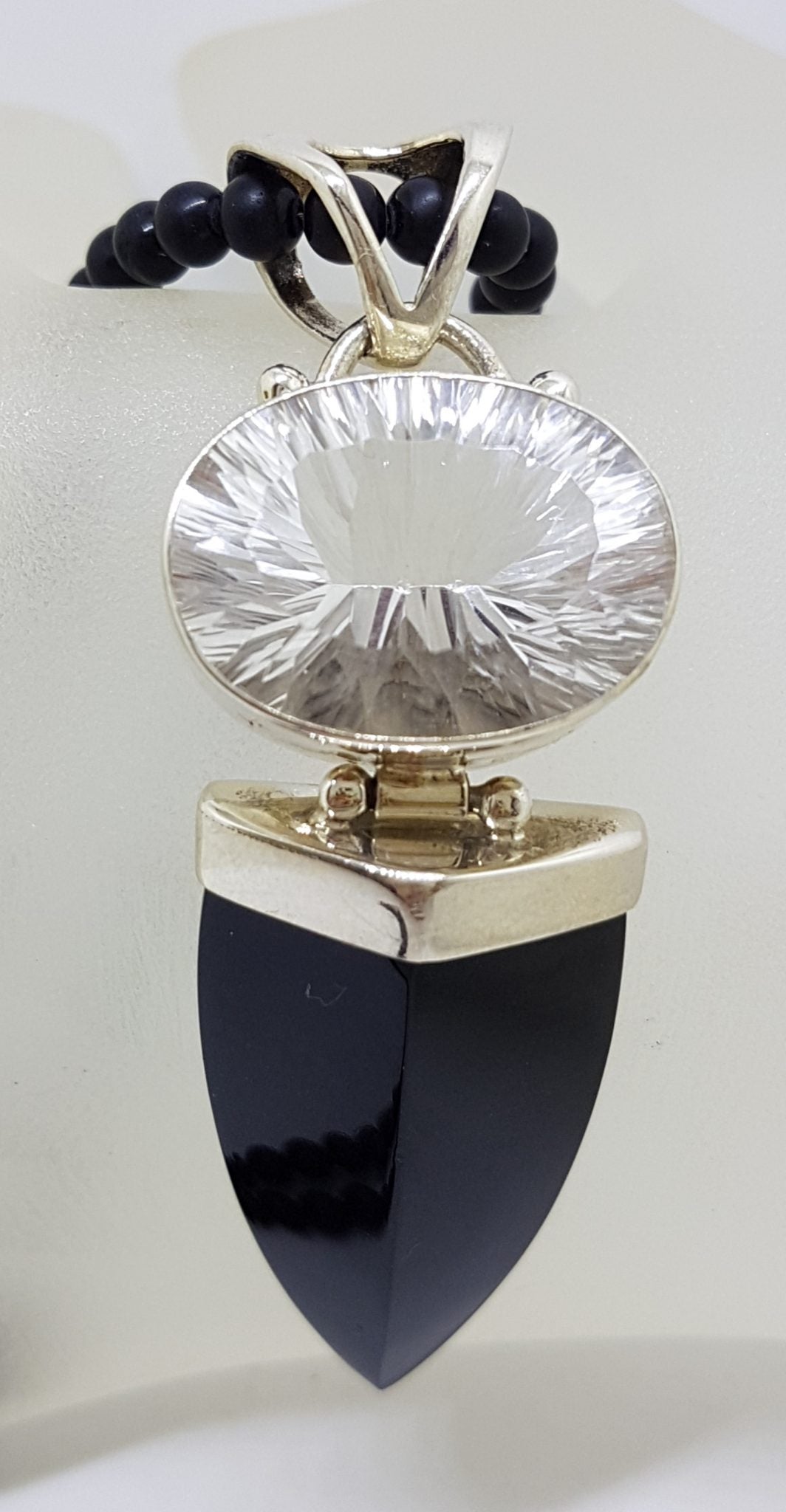 Sterling Silver Large Pointy Onyx with Oval Clear Crystal Quartz Pendant on Black Onyx Bead Chain