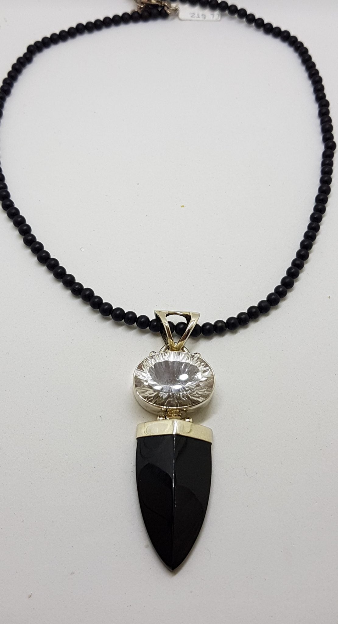 Sterling Silver Large Pointy Onyx with Oval Clear Crystal Quartz Pendant on Black Onyx Bead Chain