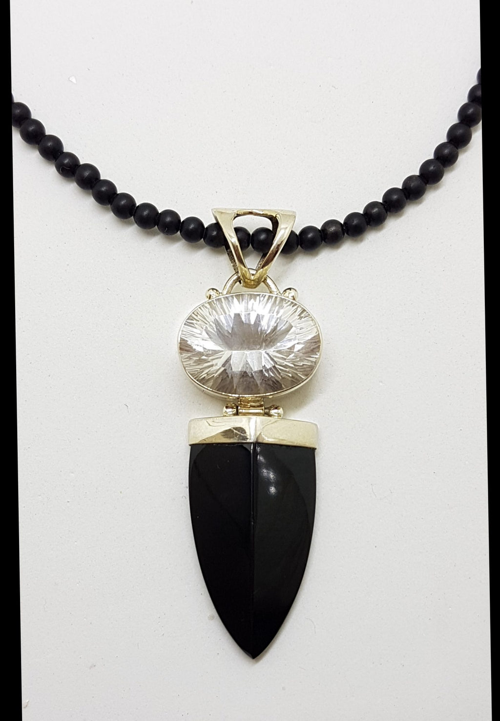 Sterling Silver Large Pointy Onyx with Oval Clear Crystal Quartz Pendant on Black Onyx Bead Chain