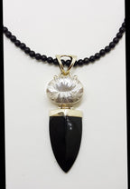 Sterling Silver Large Pointy Onyx with Oval Clear Crystal Quartz Pendant on Black Onyx Bead Chain