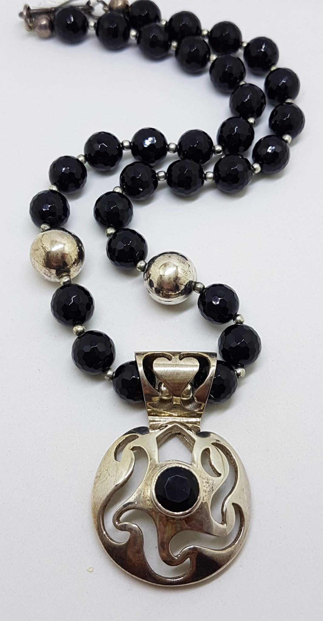 Sterling Silver Round Open Design Onyx Pendant on Thick Onyx Bead Necklace / Chain