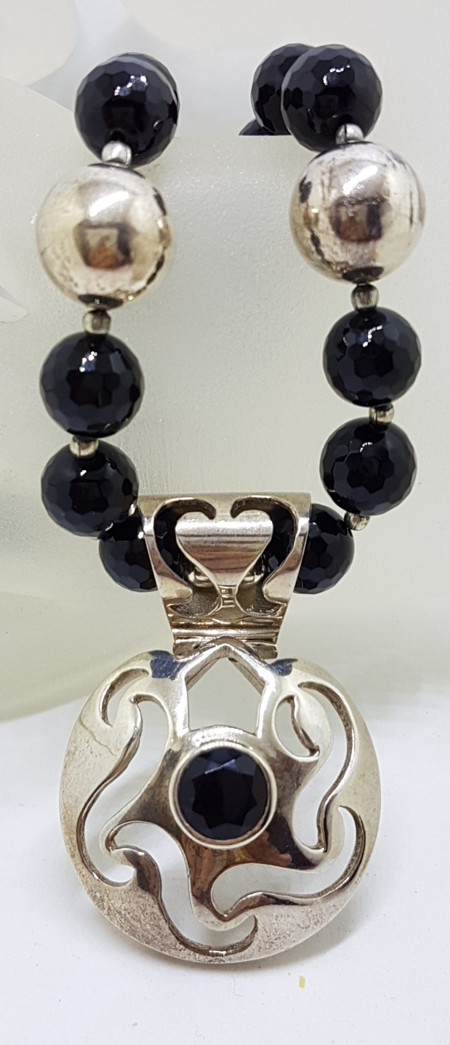 Sterling Silver Round Open Design Onyx Pendant on Thick Onyx Bead Necklace / Chain