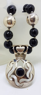 Sterling Silver Round Open Design Onyx Pendant on Thick Onyx Bead Necklace / Chain