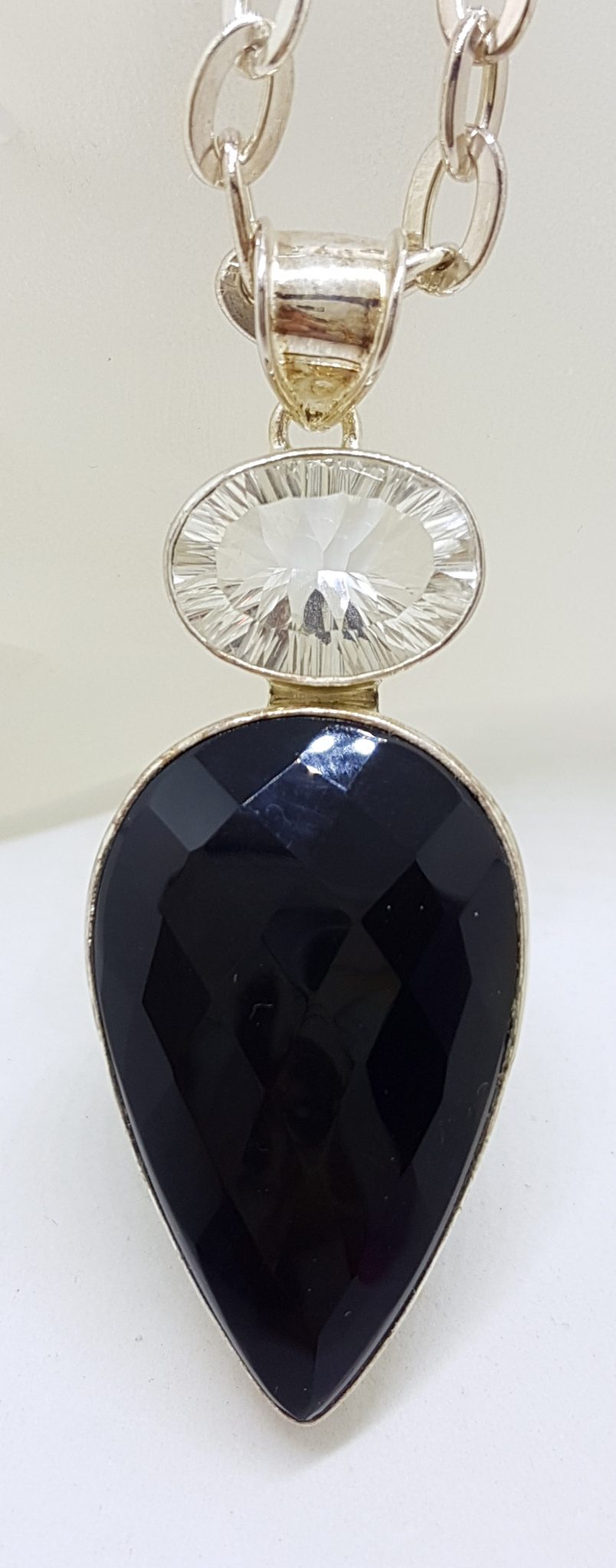 Sterling Silver Large Teardrop Pear Shape Onyx with Oval Clear Crystal Quartz Pendant on Silver Chain