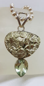 Sterling Silver Large Pyrite and Green Amethyst / Prasiolite Pendant on Thick Ball Link Silver Necklace / Chain