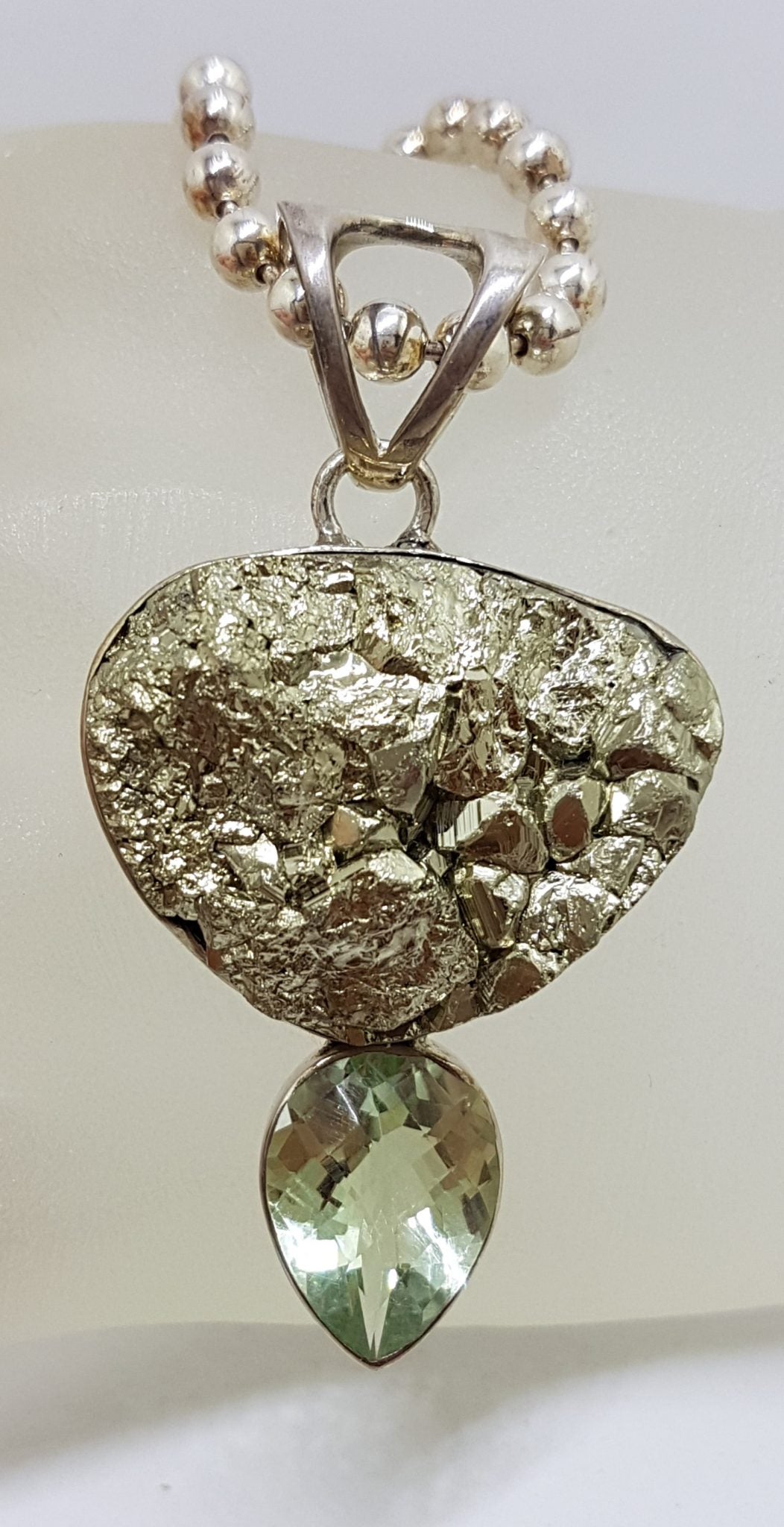 Sterling Silver Large Pyrite and Green Amethyst / Prasiolite Pendant on Thick Ball Link Silver Necklace / Chain