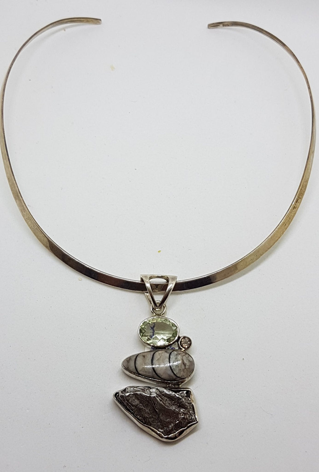 Sterling Silver Green Amethyst / Prasiolite, Fossil, Smokey Quartz and Meteorite Pendant on Silver Choker / Necklace / Chain