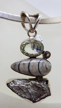 Sterling Silver Green Amethyst / Prasiolite, Fossil, Smokey Quartz and Meteorite Pendant on Silver Choker / Necklace / Chain